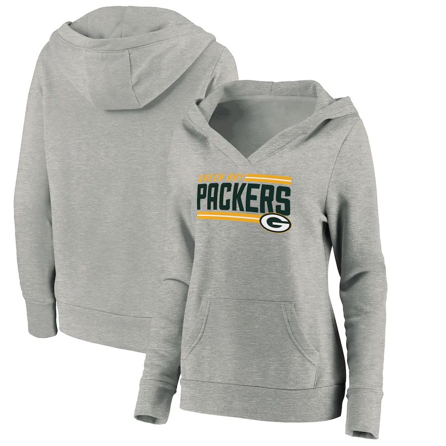 Women Green Bay Packers Fanatics Branded Heathered Gray On Side Stripe V-Neck Pullover Hoodie->women nfl jersey->Women Jersey